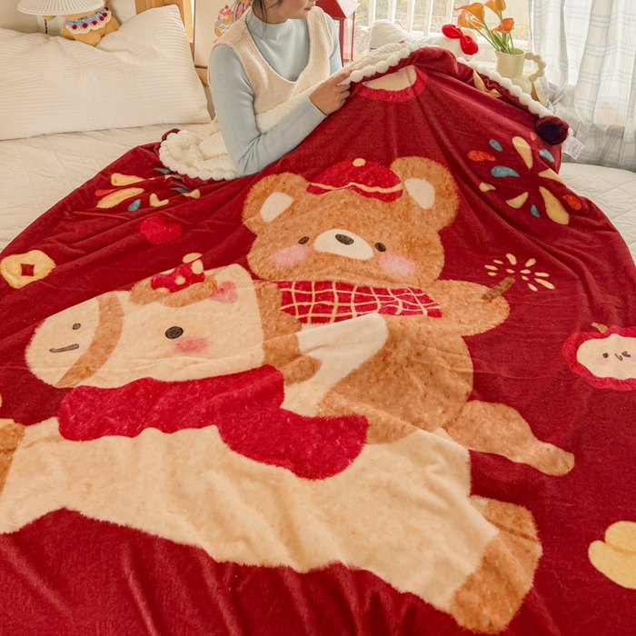 91家纺网 家纺一手货源 找家纺 潮邦创意家居 2026马年新年款数码高克重牛奶绒工艺球毯-萌马乐年系列 熊伴萌驹