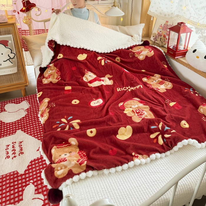 91家纺网 家纺一手货源 找家纺 潮邦创意家居 2026马年新年款数码高克重牛奶绒工艺球毯-萌马乐年系列 萌熊贺马