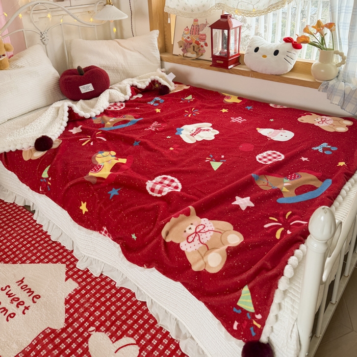 91家纺网 家纺一手货源 找家纺 潮邦创意家居 2026马年新年款数码高克重牛奶绒工艺球毯-萌马乐年系列 甜心木马