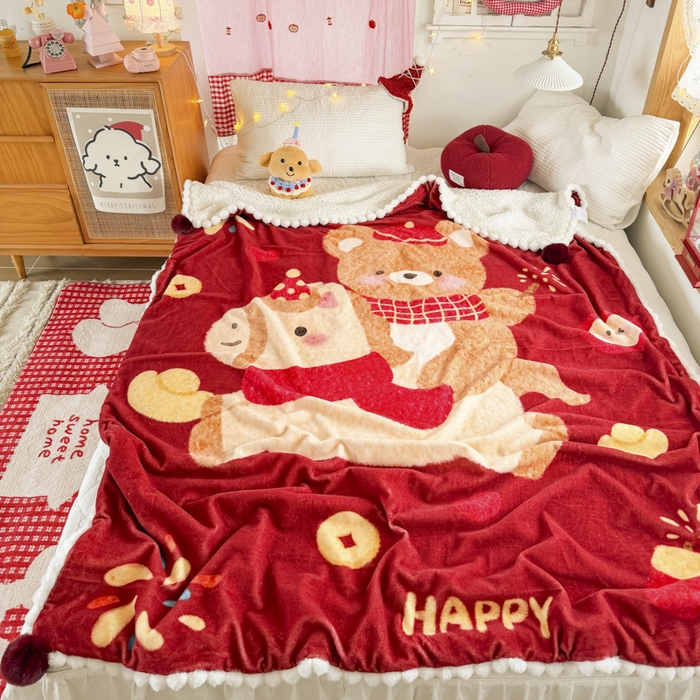 91家纺网 家纺一手货源 找家纺 潮邦创意家居 2026马年新年款数码高克重牛奶绒工艺球毯-萌马乐年系列 熊伴萌驹