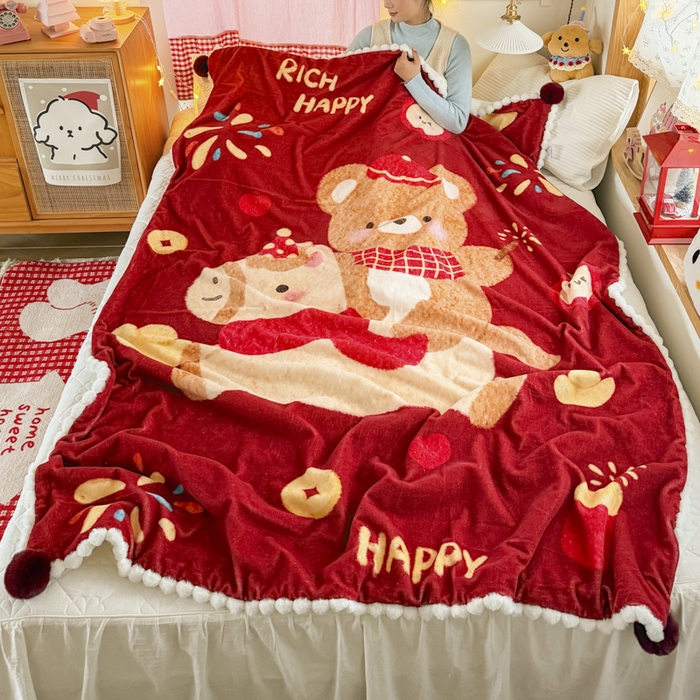 91家纺网 家纺一手货源 找家纺 潮邦创意家居 2026马年新年款数码高克重牛奶绒工艺球毯-萌马乐年系列 熊伴萌驹