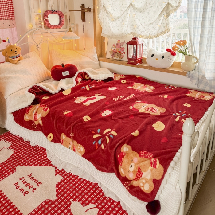 91家纺网 家纺一手货源 找家纺 潮邦创意家居 2026马年新年款数码高克重牛奶绒工艺球毯-萌马乐年系列 萌熊贺马