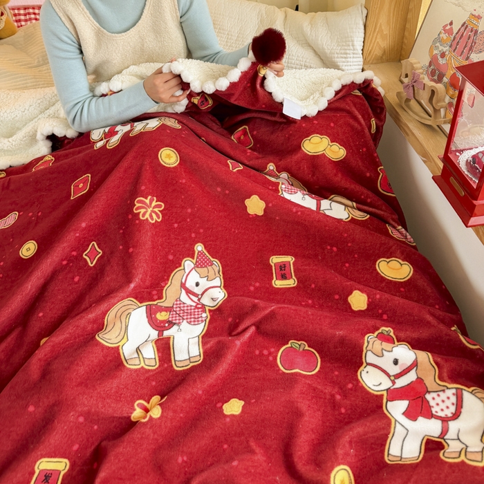 91家纺网 家纺一手货源 找家纺 （总）潮邦创意家居 2026马年新年款数码高克重牛奶绒工艺球毯-萌马乐年系列