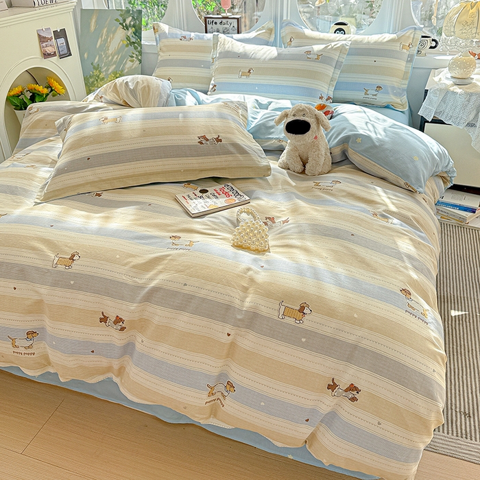 91家纺网 家纺一手货源 找家纺 卡普纯棉全棉四件套13070喷气床单款床笠款三件套 奔跑小狗