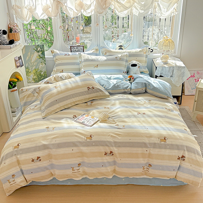 91家纺网 家纺一手货源 找家纺 卡普纯棉全棉四件套13070喷气床单款床笠款三件套 奔跑小狗