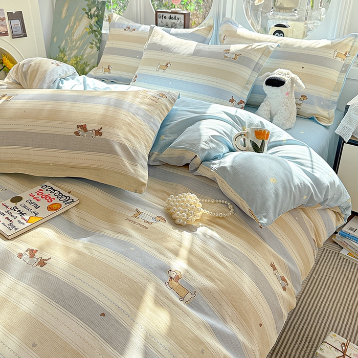 91家纺网 家纺一手货源 找家纺 卡普纯棉全棉四件套13070喷气床单款床笠款三件套 奔跑小狗