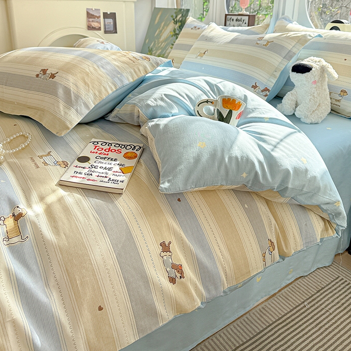 91家纺网 家纺一手货源 找家纺 卡普纯棉全棉四件套13070喷气床单款床笠款三件套 奔跑小狗