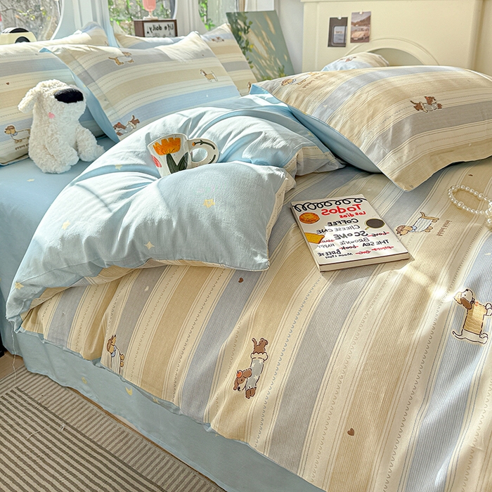 91家纺网 家纺一手货源 找家纺 卡普纯棉全棉四件套13070喷气床单款床笠款三件套 奔跑小狗