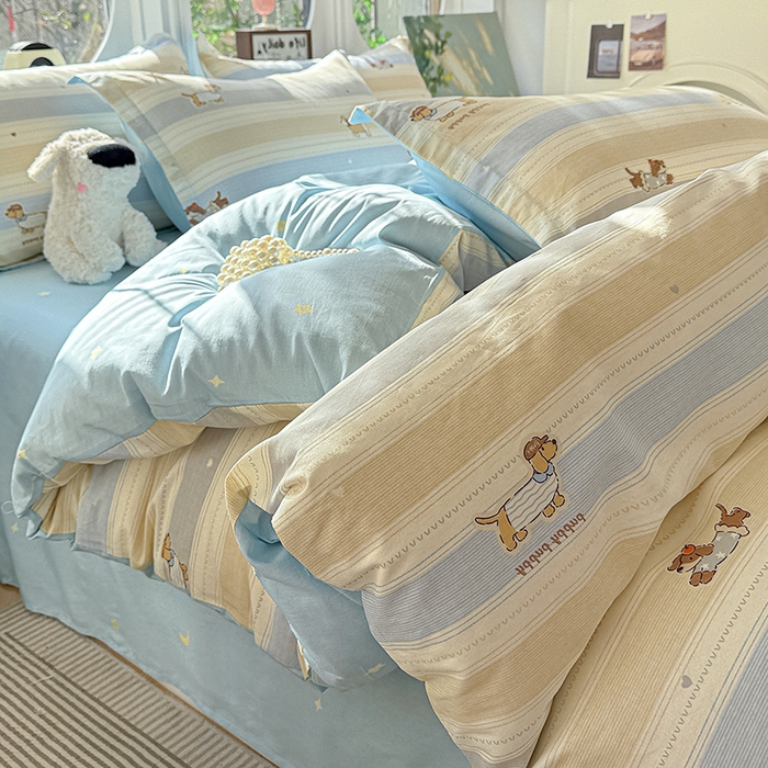 91家纺网 家纺一手货源 找家纺 卡普纯棉全棉四件套13070喷气床单款床笠款三件套 奔跑小狗