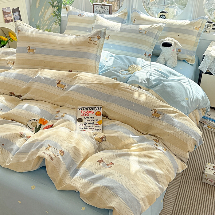 91家纺网 家纺一手货源 找家纺 卡普纯棉全棉四件套13070喷气床单款床笠款三件套 奔跑小狗