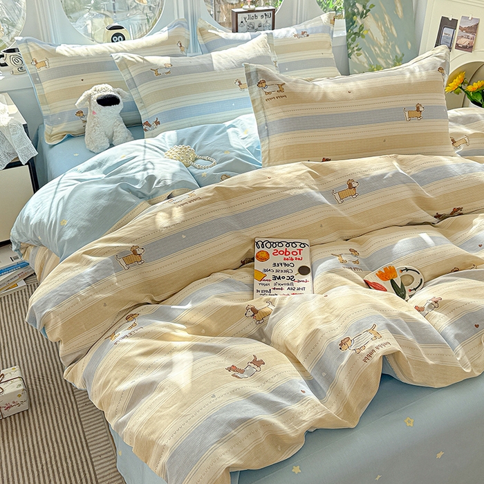 91家纺网 家纺一手货源 找家纺 卡普纯棉全棉四件套13070喷气床单款床笠款三件套 奔跑小狗