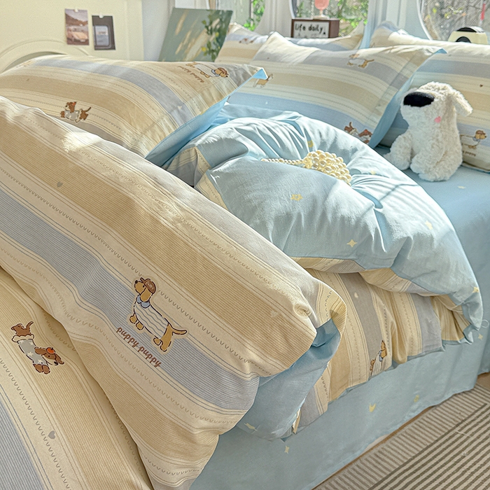 卡普纯棉全棉四件套13070喷气床单款床笠款三件套 奔跑小狗