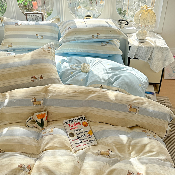 91家纺网 家纺一手货源 找家纺 卡普纯棉全棉四件套13070喷气床单款床笠款三件套 奔跑小狗