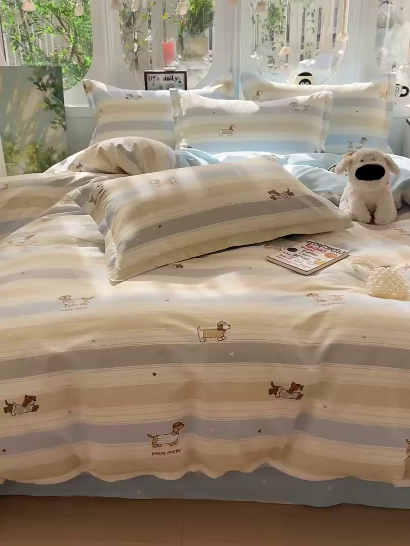 91家纺网 家纺一手货源 找家纺 卡普纯棉全棉四件套13070喷气床单款床笠款三件套 奔跑小狗