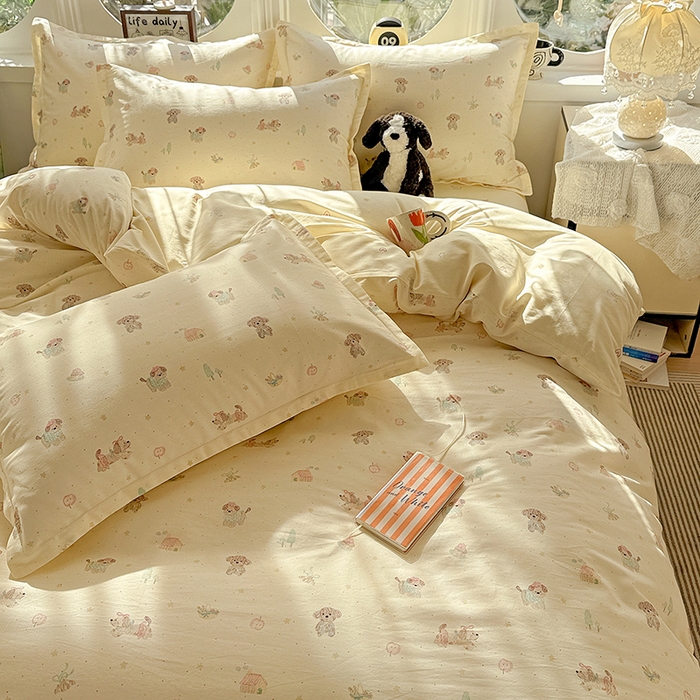 91家纺网 家纺一手货源 找家纺 卡普纯棉全棉四件套13070喷气床单款床笠款三件套 彩绘汪汪