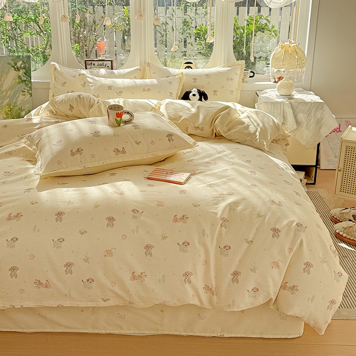 91家纺网 家纺一手货源 找家纺 卡普纯棉全棉四件套13070喷气床单款床笠款三件套 彩绘汪汪