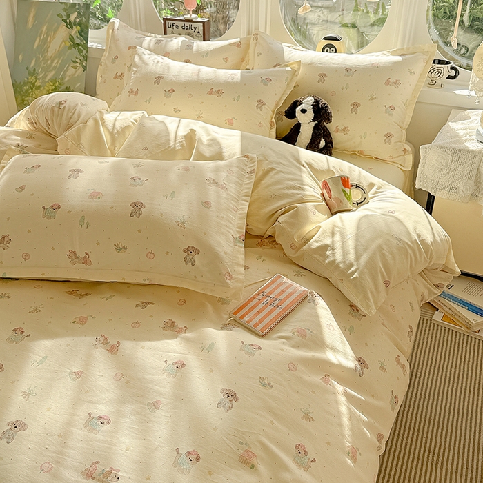 91家纺网 家纺一手货源 找家纺 卡普纯棉全棉四件套13070喷气床单款床笠款三件套 彩绘汪汪