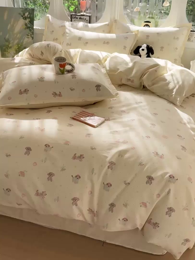91家纺网 家纺一手货源 找家纺 卡普纯棉全棉四件套13070喷气床单款床笠款三件套 彩绘汪汪