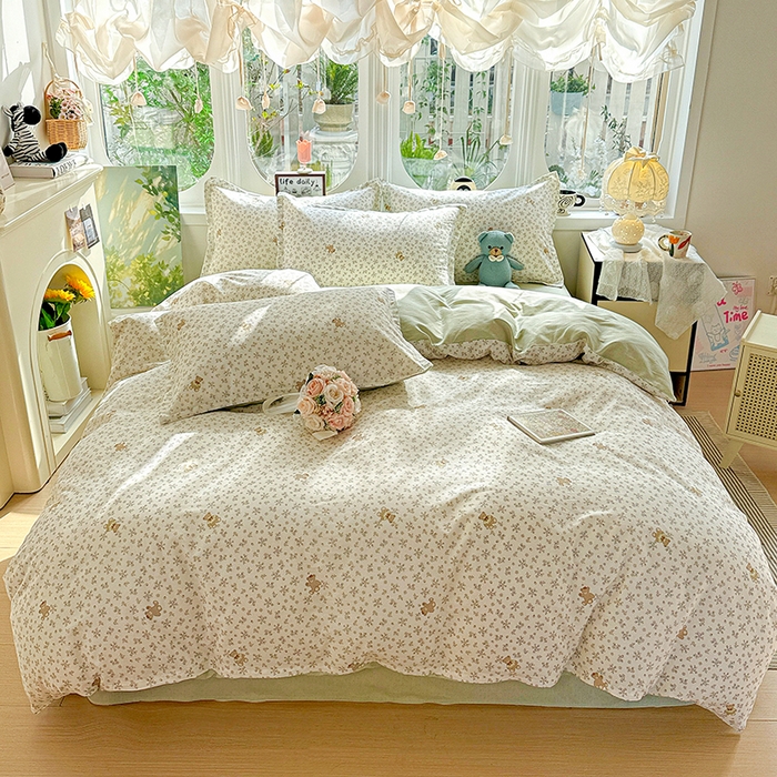 91家纺网 家纺一手货源 找家纺 卡普纯棉全棉四件套13070喷气床单款床笠款三件套 浪漫小熊