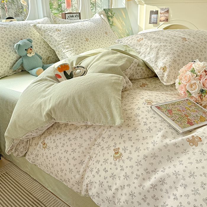 91家纺网 家纺一手货源 找家纺 卡普纯棉全棉四件套13070喷气床单款床笠款三件套 浪漫小熊