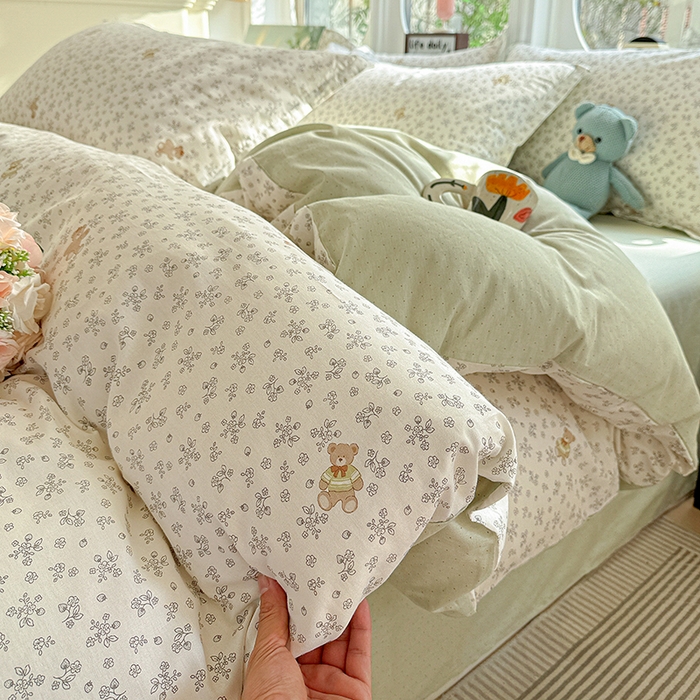 91家纺网 家纺一手货源 找家纺 卡普纯棉全棉四件套13070喷气床单款床笠款三件套 浪漫小熊