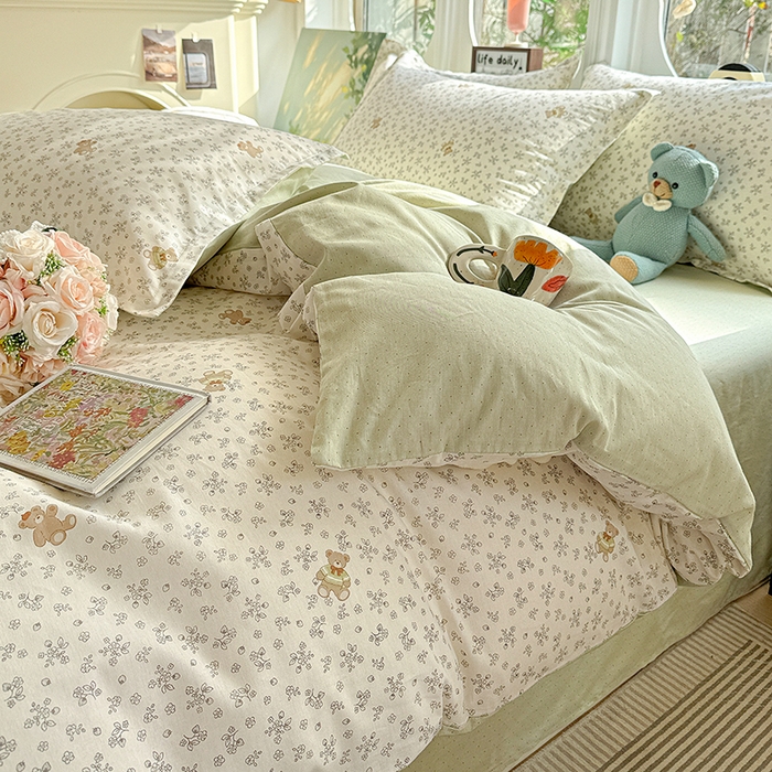 91家纺网 家纺一手货源 找家纺 卡普纯棉全棉四件套13070喷气床单款床笠款三件套 浪漫小熊