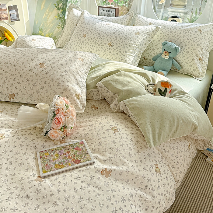 91家纺网 家纺一手货源 找家纺 卡普纯棉全棉四件套13070喷气床单款床笠款三件套 浪漫小熊