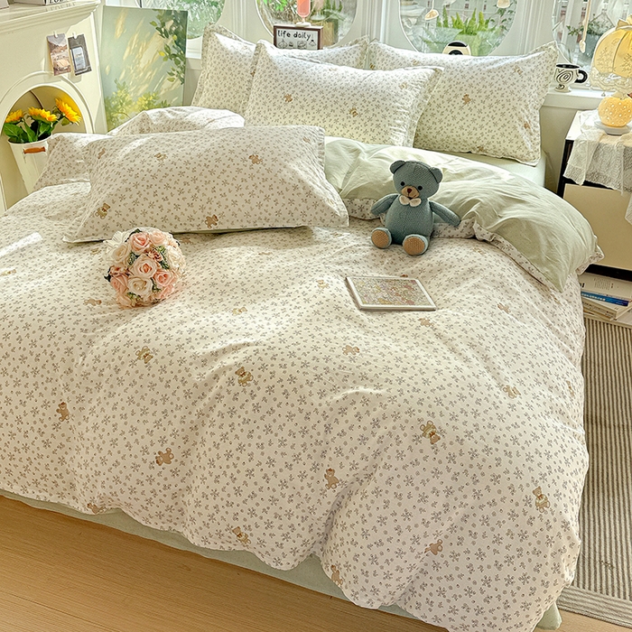 91家纺网 家纺一手货源 找家纺 卡普纯棉全棉四件套13070喷气床单款床笠款三件套 浪漫小熊