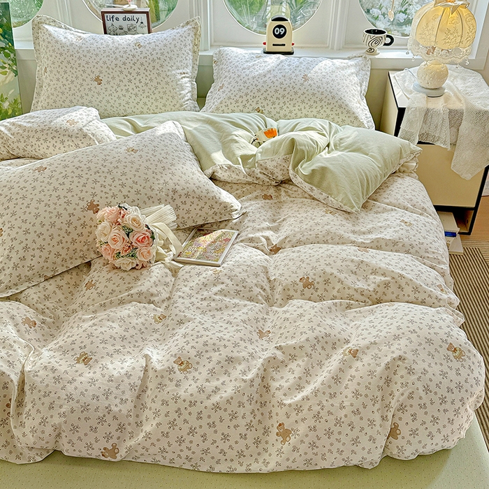 91家纺网 家纺一手货源 找家纺 卡普纯棉全棉四件套13070喷气床单款床笠款三件套 浪漫小熊