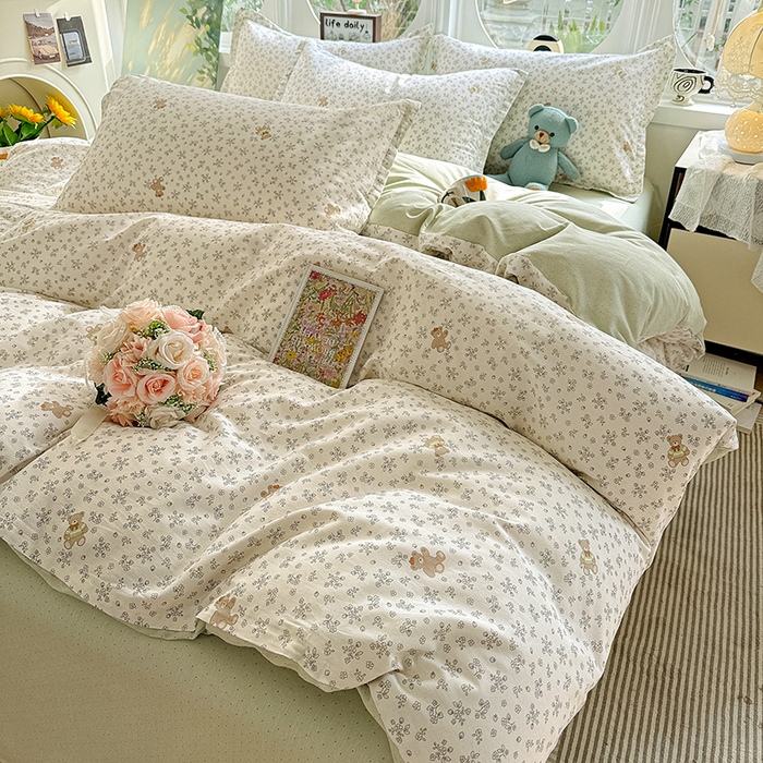 91家纺网 家纺一手货源 找家纺 卡普纯棉全棉四件套13070喷气床单款床笠款三件套 浪漫小熊