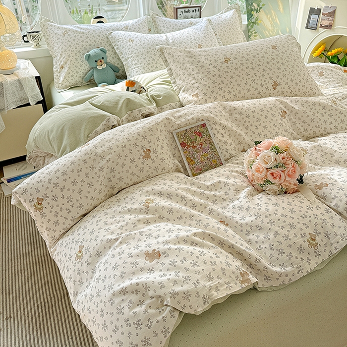 91家纺网 家纺一手货源 找家纺 卡普纯棉全棉四件套13070喷气床单款床笠款三件套 浪漫小熊