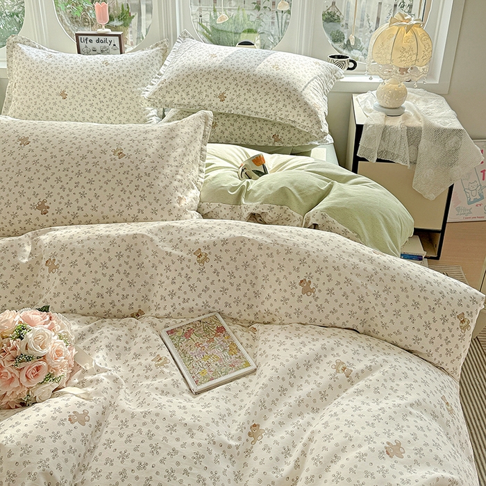 91家纺网 家纺一手货源 找家纺 卡普纯棉全棉四件套13070喷气床单款床笠款三件套 浪漫小熊