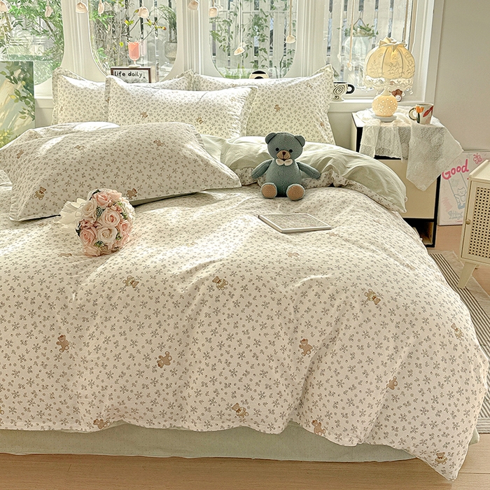 91家纺网 家纺一手货源 找家纺 卡普纯棉全棉四件套13070喷气床单款床笠款三件套 浪漫小熊