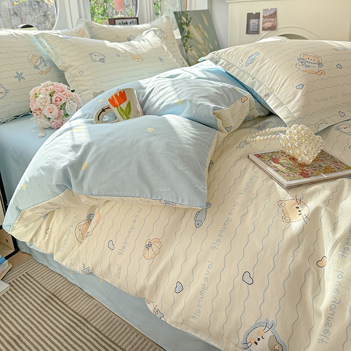 91家纺网 家纺一手货源 找家纺 卡普纯棉全棉四件套13070喷气床单款床笠款三件套 猫咪宝贝