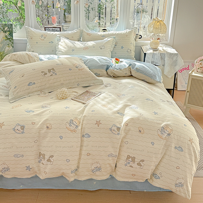 91家纺网 家纺一手货源 找家纺 卡普纯棉全棉四件套13070喷气床单款床笠款三件套 猫咪宝贝