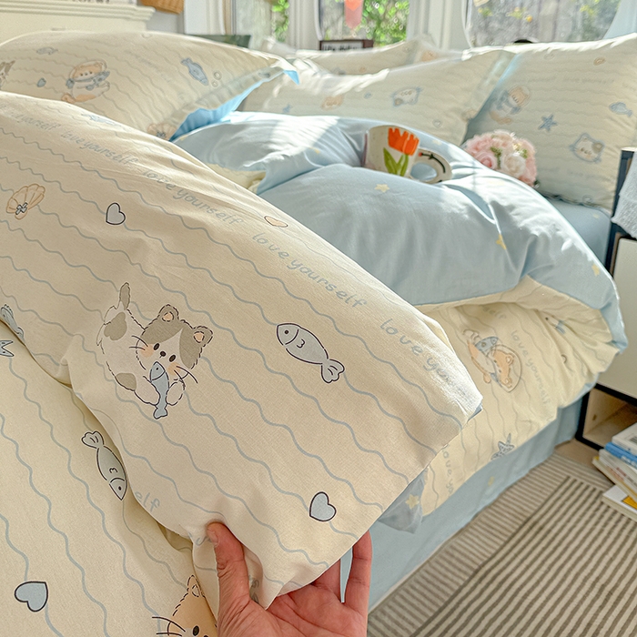 91家纺网 家纺一手货源 找家纺 卡普纯棉全棉四件套13070喷气床单款床笠款三件套 猫咪宝贝