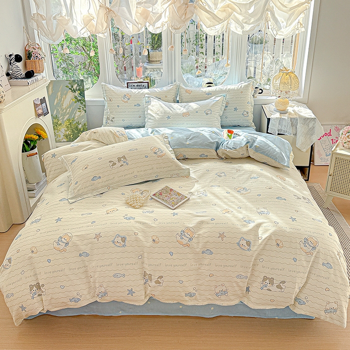 91家纺网 家纺一手货源 找家纺 卡普纯棉全棉四件套13070喷气床单款床笠款三件套 猫咪宝贝