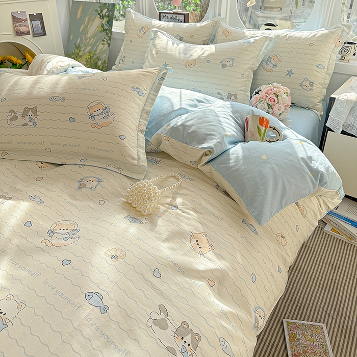 91家纺网 家纺一手货源 找家纺 卡普纯棉全棉四件套13070喷气床单款床笠款三件套 猫咪宝贝