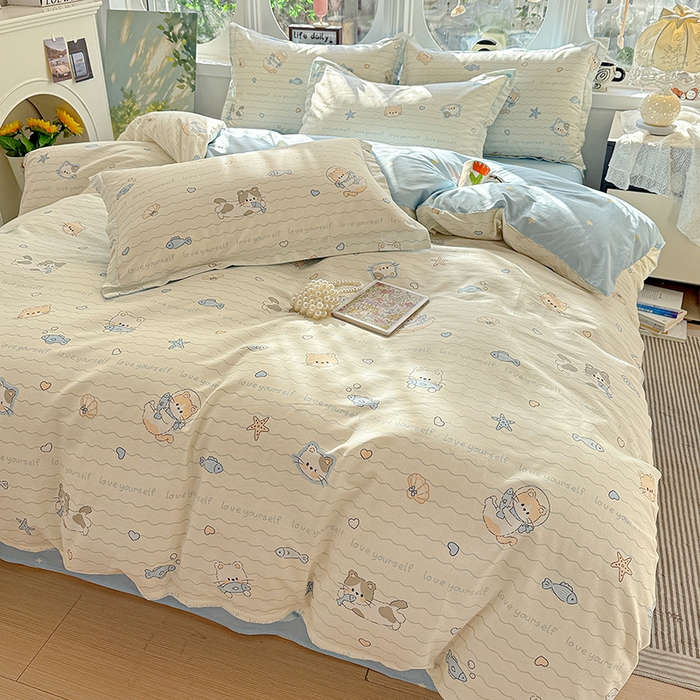 91家纺网 家纺一手货源 找家纺 卡普纯棉全棉四件套13070喷气床单款床笠款三件套 猫咪宝贝