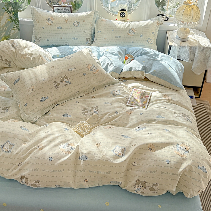 91家纺网 家纺一手货源 找家纺 卡普纯棉全棉四件套13070喷气床单款床笠款三件套 猫咪宝贝