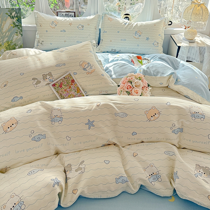 91家纺网 家纺一手货源 找家纺 卡普纯棉全棉四件套13070喷气床单款床笠款三件套 猫咪宝贝