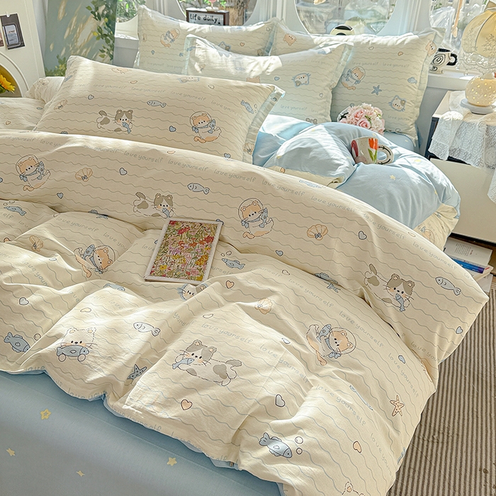 91家纺网 家纺一手货源 找家纺 卡普纯棉全棉四件套13070喷气床单款床笠款三件套 猫咪宝贝