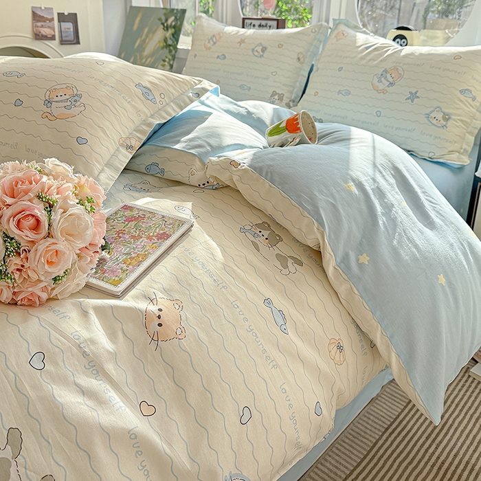 91家纺网 家纺一手货源 找家纺 卡普纯棉全棉四件套13070喷气床单款床笠款三件套 猫咪宝贝