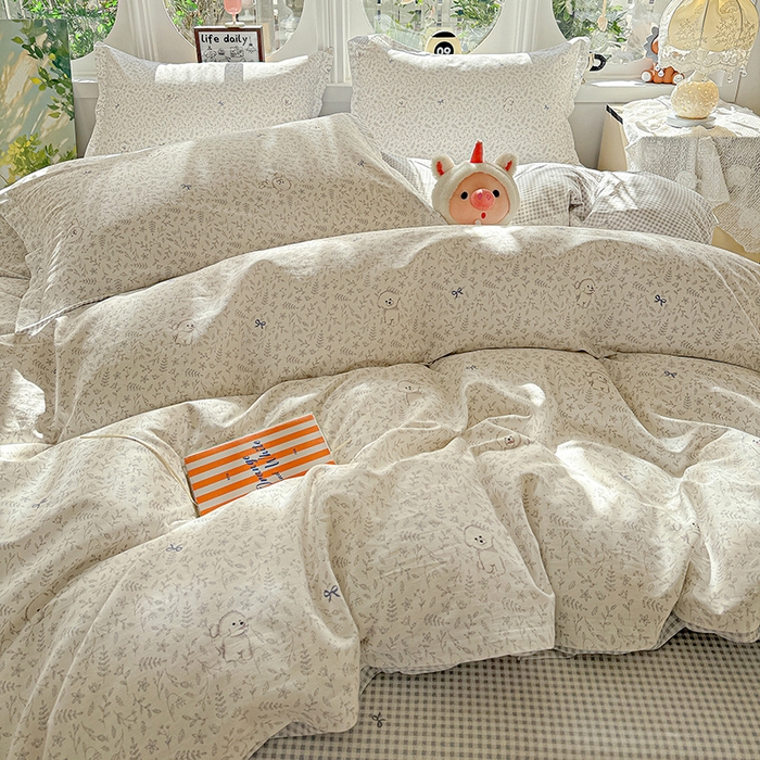 91家纺网 家纺一手货源 找家纺 卡普纯棉全棉四件套13070喷气床单款床笠款三件套 奶霜波波狗