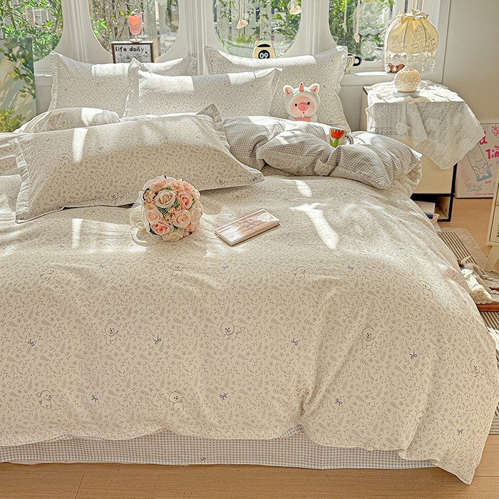 91家纺网 家纺一手货源 找家纺 卡普纯棉全棉四件套13070喷气床单款床笠款三件套 奶霜波波狗