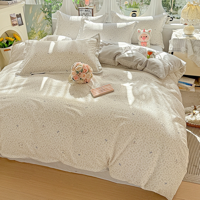 91家纺网 家纺一手货源 找家纺 卡普纯棉全棉四件套13070喷气床单款床笠款三件套 奶霜波波狗