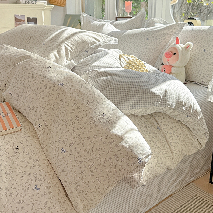 卡普纯棉全棉四件套13070喷气床单款床笠款三件套 奶霜波波狗