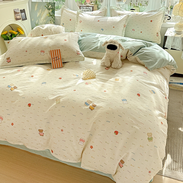 91家纺网 家纺一手货源 找家纺 卡普纯棉全棉四件套13070喷气床单款床笠款三件套 奈斯小熊