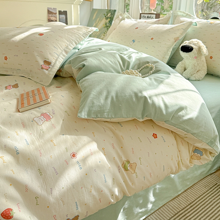 91家纺网 家纺一手货源 找家纺 卡普纯棉全棉四件套13070喷气床单款床笠款三件套 奈斯小熊