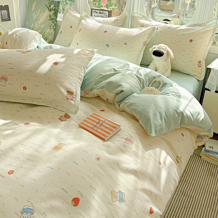 91家纺网 家纺一手货源 找家纺 卡普纯棉全棉四件套13070喷气床单款床笠款三件套 奈斯小熊